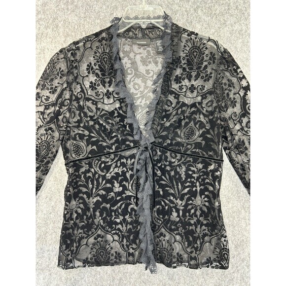 Express Velvet Burnout Top Women 13/14 Black Sheer Whimsigoth Y2K Flare Sleeve - Picture 3 of 10